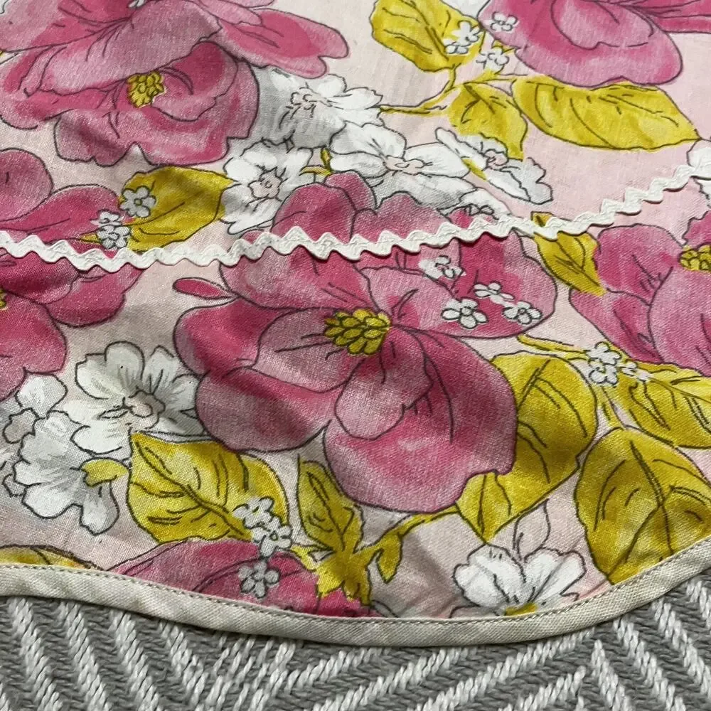 Pink Half Apron 60s Barbie Style Vintage Floral Yellow Ric Rac Pocket Waist Ties